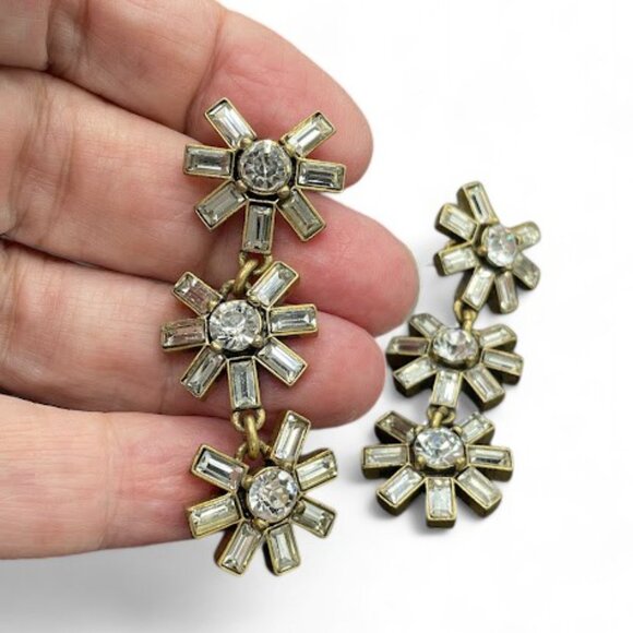 J.Crew Crystal Floral Drop Antiqued Gold Dangle Drop Earrings Long Runway - Picture 5 of 11